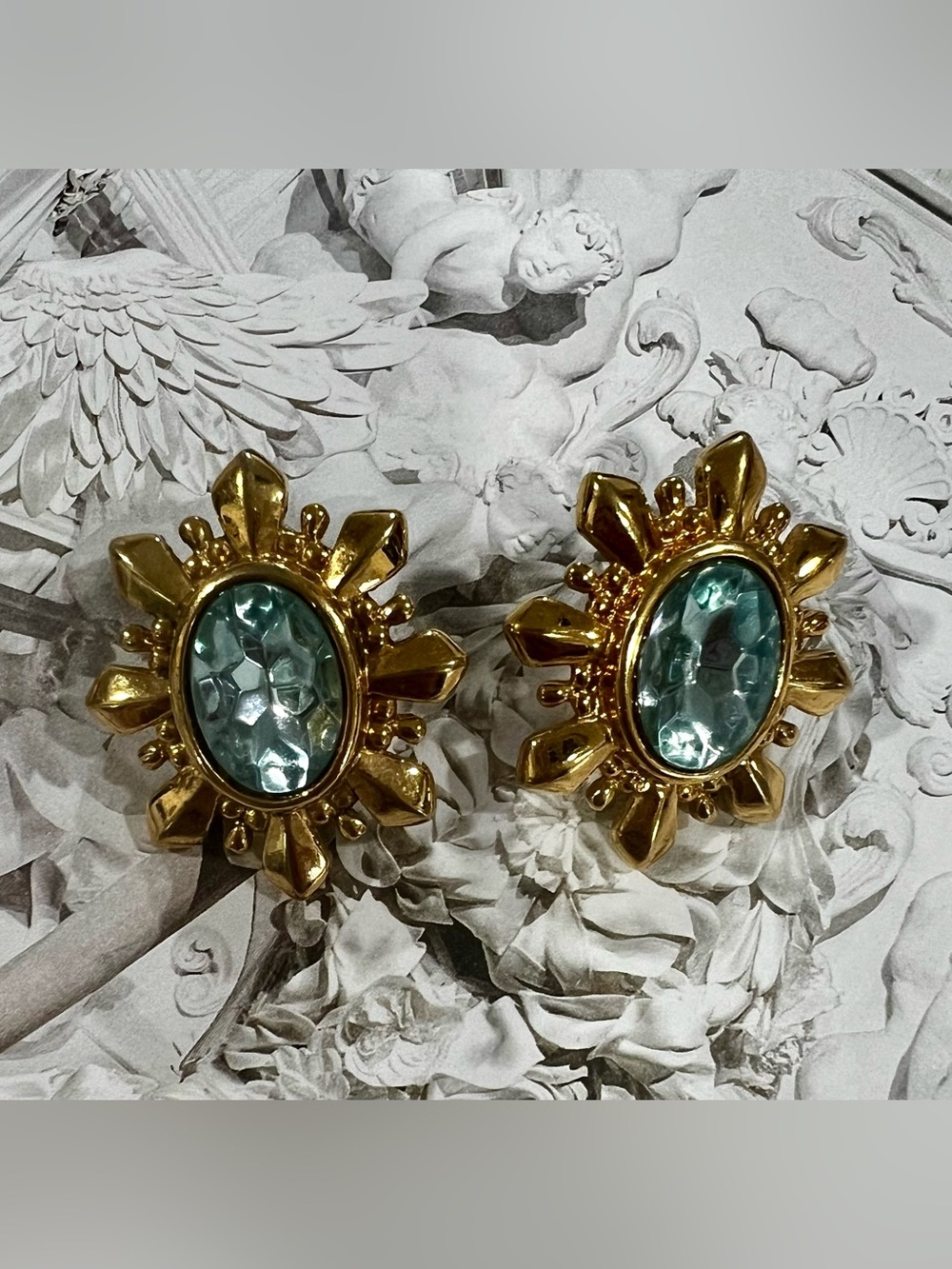 Vintage Avon Aqua Blue Faceted Glass Gold Tone Statement Earrings